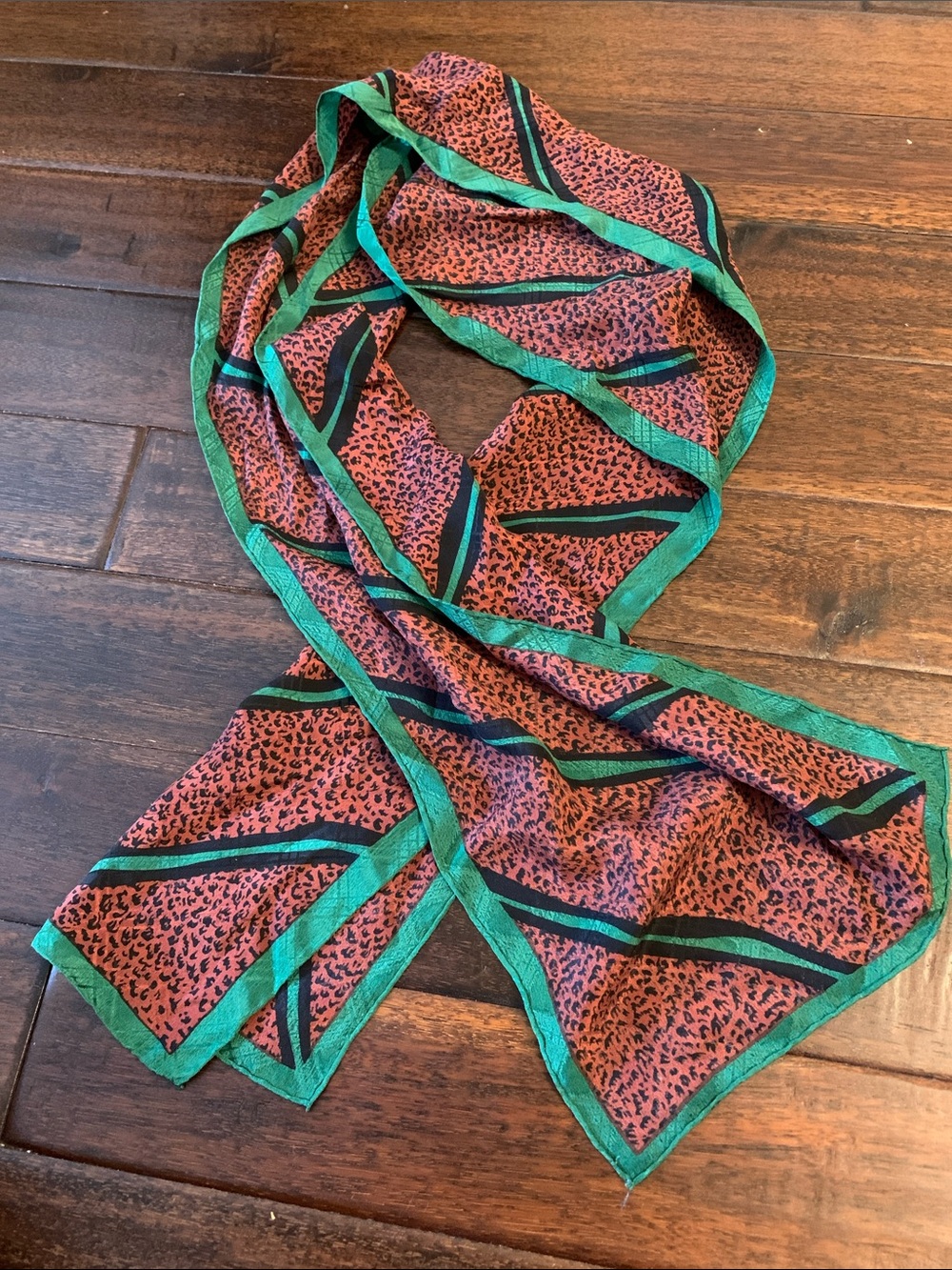 Silk-Feel Green Trim Brown and Black Leopard Print Scarf